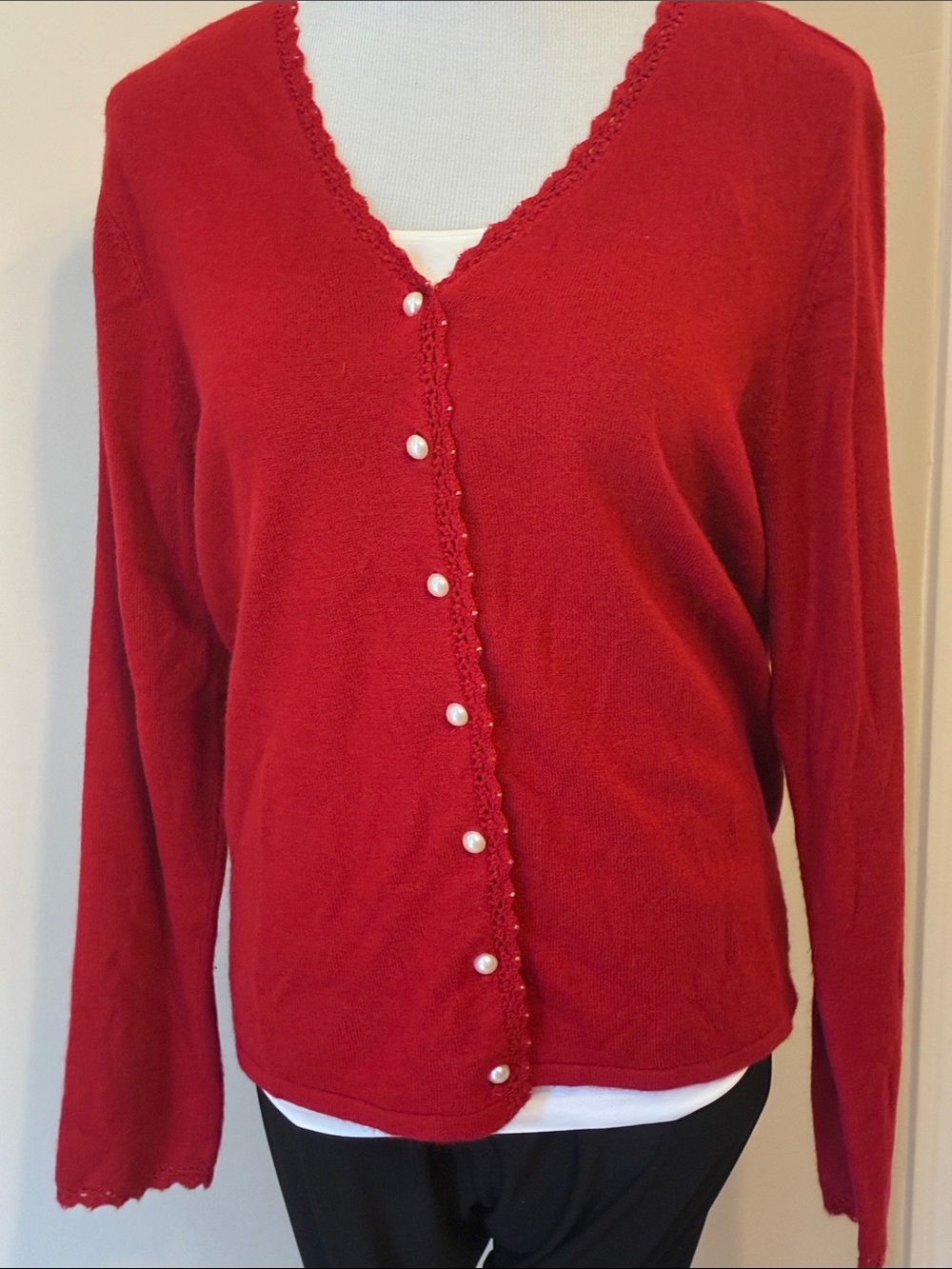 Studio Works Red V-Neck Cardigan with Pearl Buttons
